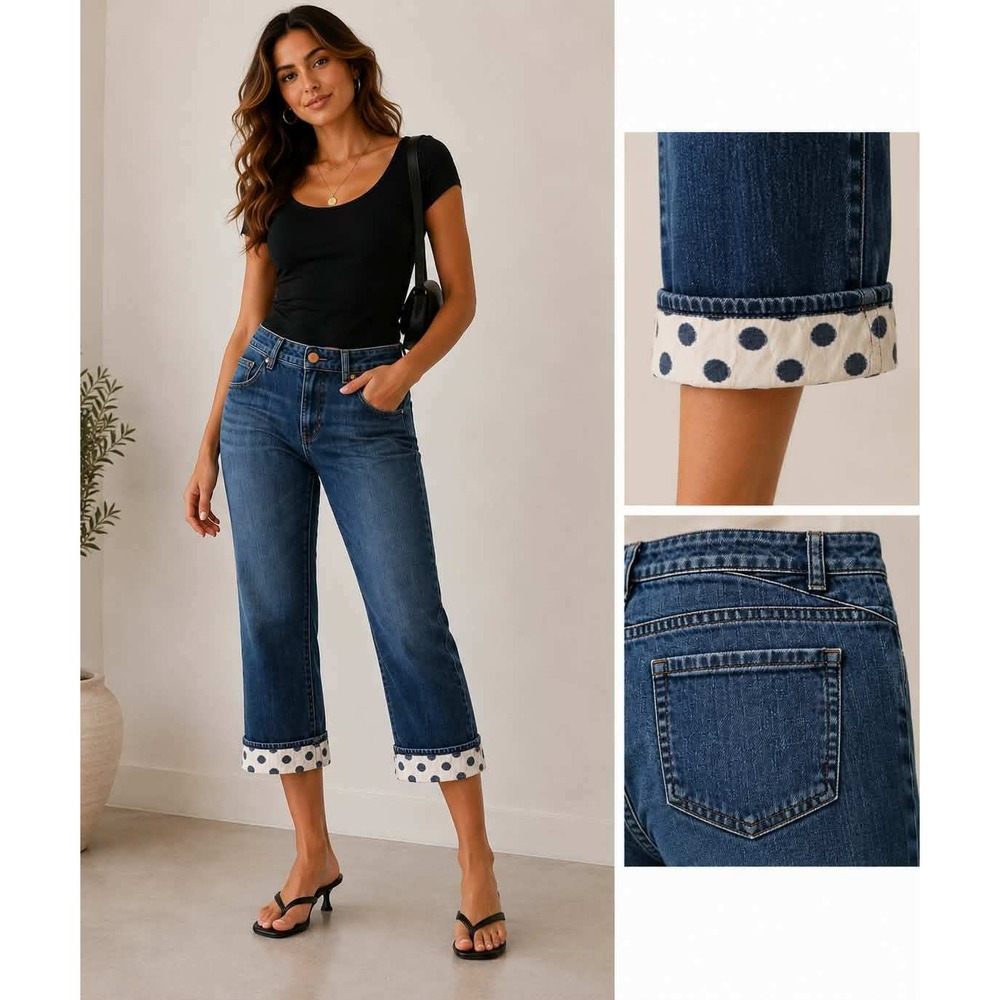 Coldwater Creek Womens Polka Dot Cuff Cropped Jeans Medium Wash Denim Capris 10